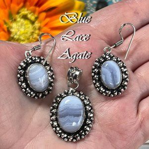 Blue Lace Agate Pendant Earrings Set Handmade Gemstone Crystal 925 Silver New!